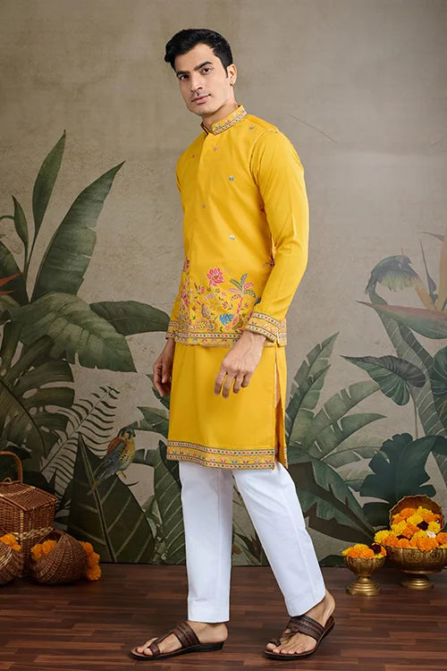 Designer Yellow Cotton Kurta With Koti Jacket Online