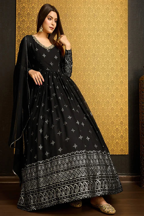 Outstanding Black Color Foil Work Georgette Function Wear Gown With Dupatta