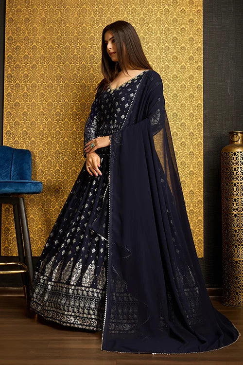 Attractive Navy Blue Foil Work Georgette Reception Wear Gown With Dupatta