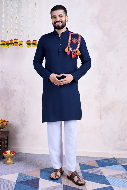 Navy Embroidered Men's Kurta - Formal Wear