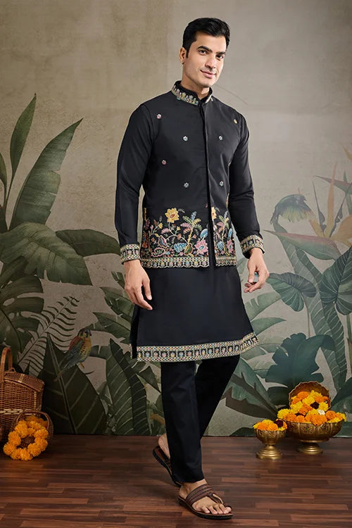 Designer Black Cotton Kurta With Embroidered Koti