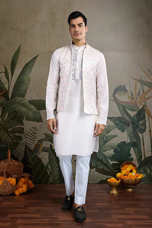 Designer White Kurta & Open Koti For Men