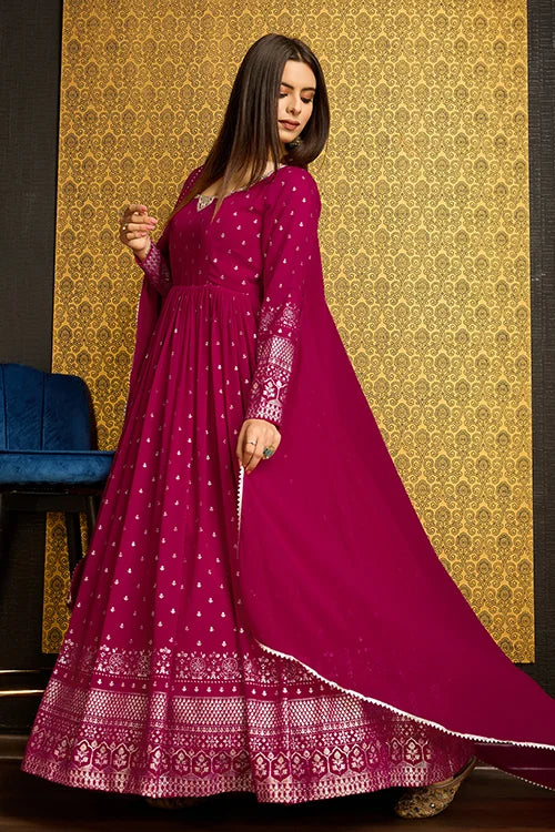 Exclusive Rani Color Metalic Foil Work Ready To Wear Gown