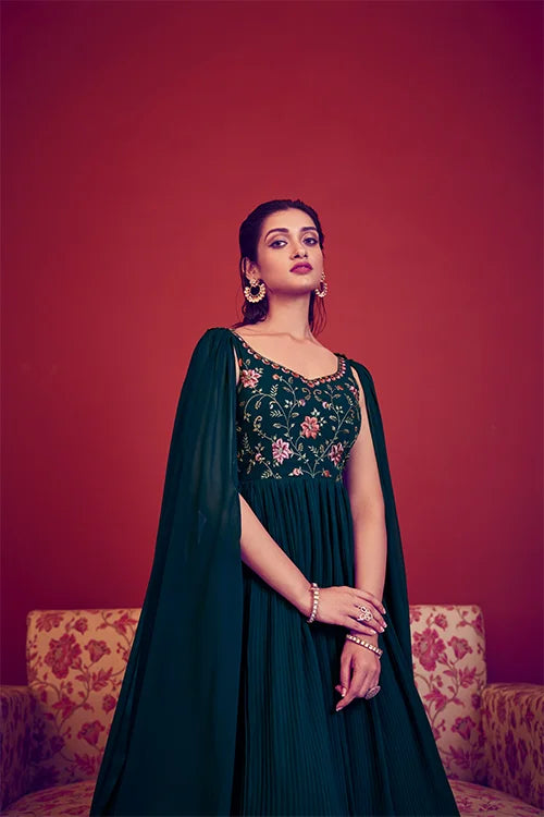 Teal Blue Ready To Wear Exclusive Traditional Look Embroidered Gown