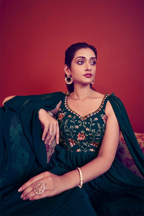 Teal Blue Ready To Wear Exclusive Traditional Look Embroidered Gown