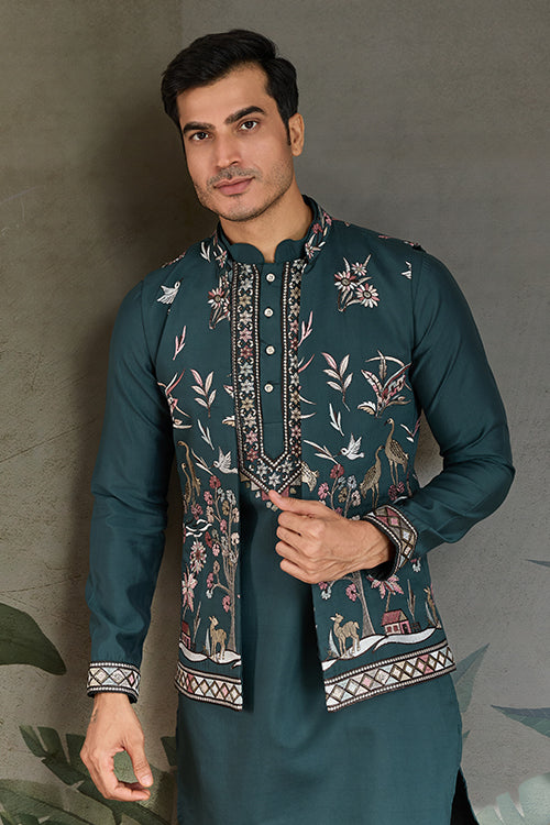 Green Open Koti Style Kurta Pajama Set For Men
