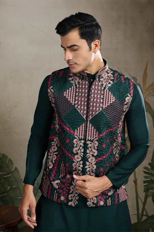 Designer And Stylish Green Men's Kurta Koti Set For Men