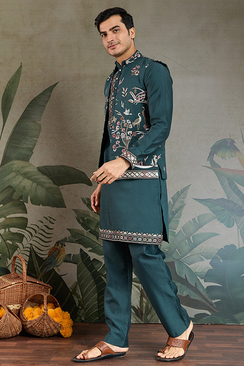 Green Open Koti Style Kurta Pajama Set For Men