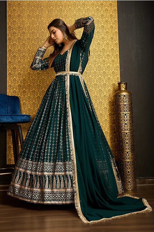 Green Color Designer Metalic Foil Work Ready To Wear Gown