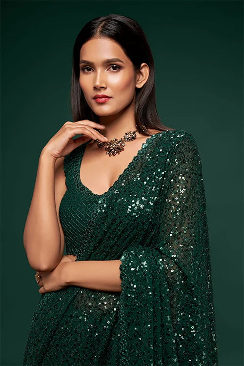 Stunning Deep Green Sequins Georgette Festival Wear Saree With Blouse