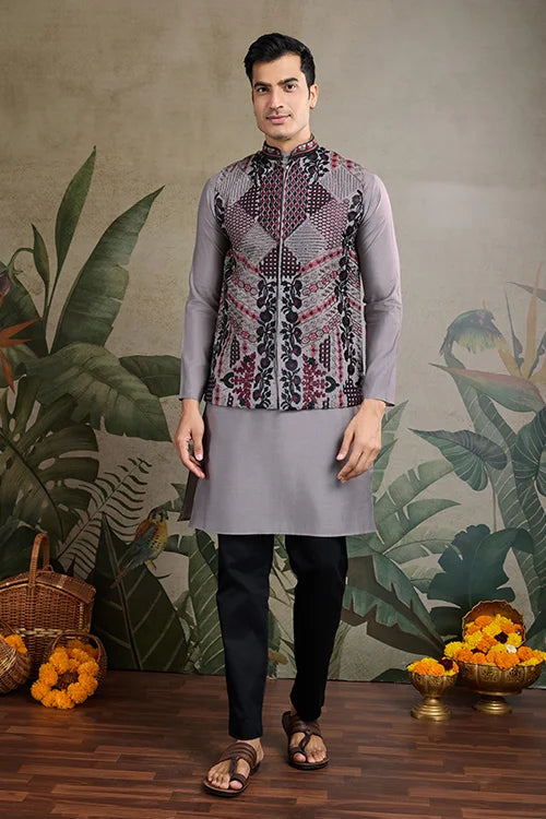 Latest Grey Silk Kurta With Swarovski Koti Jacket For Men’s