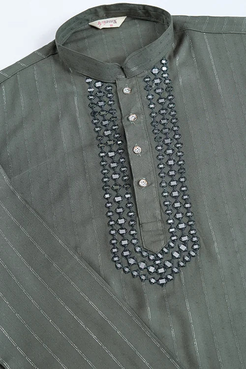 Silk Party Wear Rust Green Jari Work Kurta & Dupatta For Men's