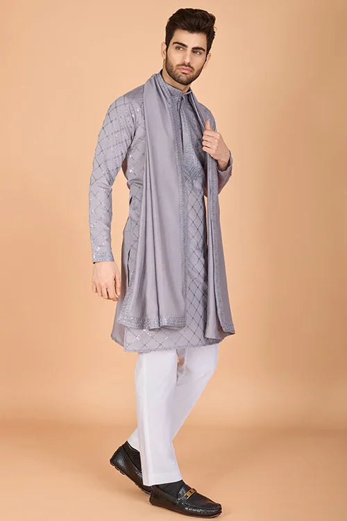 Designer Gray Silk Kurta For Men – Elegant Festive Wear
