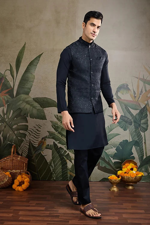 Black Roman Silk Kurta With Jacquard Koti Elegant Ethnic Wear