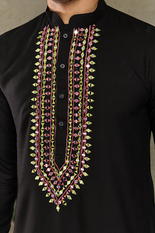 Wedding Special Black Mirror Work Kurta With Dupatta For Men