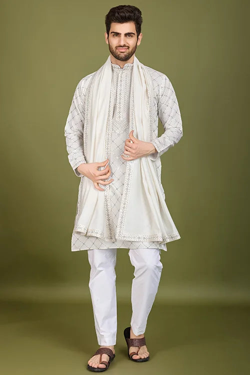 Designer White Viscose Silk Men's Kurta – Elegant Wedding Attire