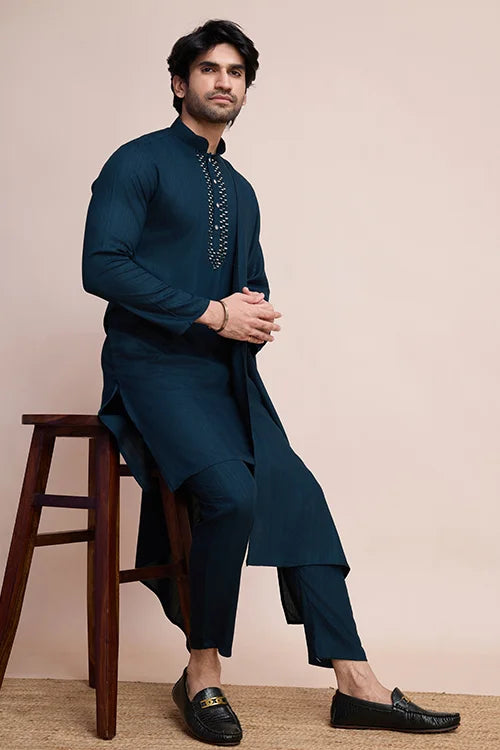Teal Blue Designer Kurta Set With Mirror Work For Men