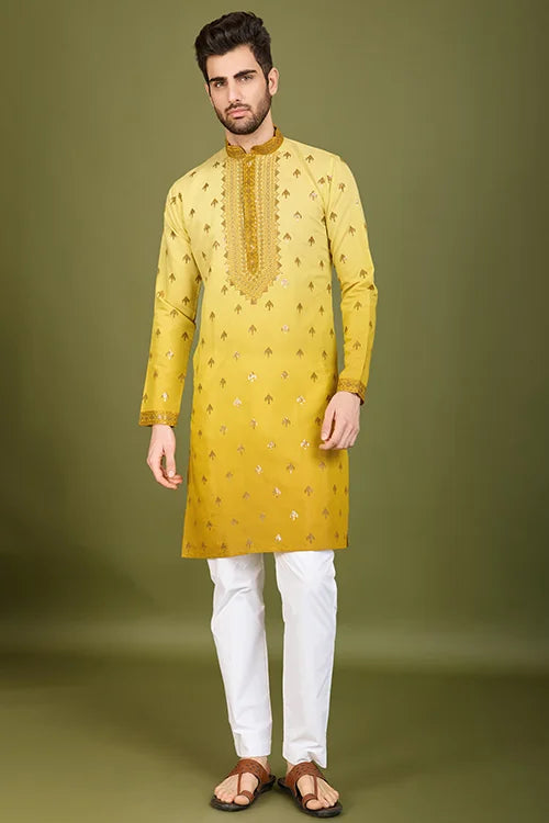 Designer Omber Yellow Viscose Silk Kurta For Men Online