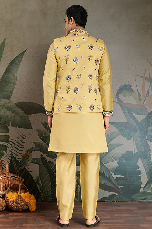 Haldi Special Yellow Kurta Pajama With Open Jacket For Men