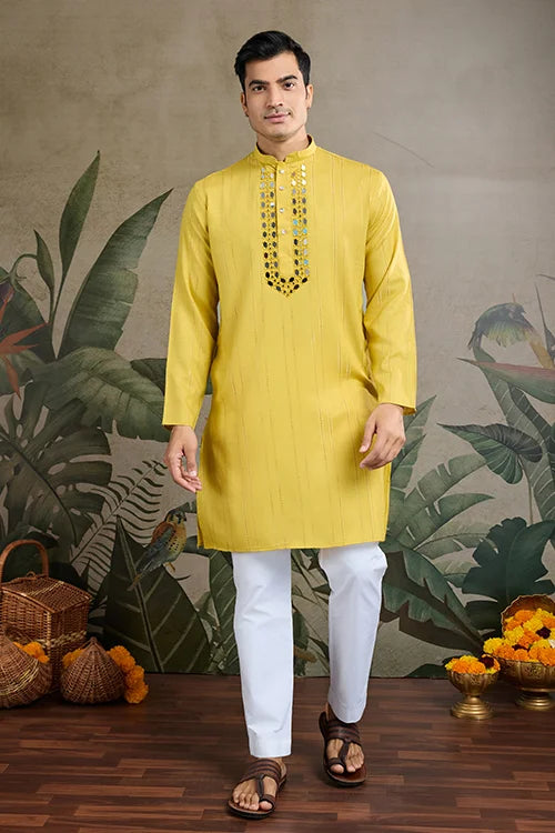 Stylish Look Perfect Haldi Yellow Color Men's Kurta with Dupatta
