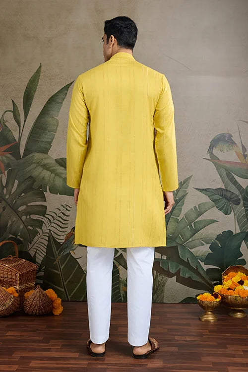 Stylish Look Perfect Haldi Yellow Color Men's Kurta with Dupatta
