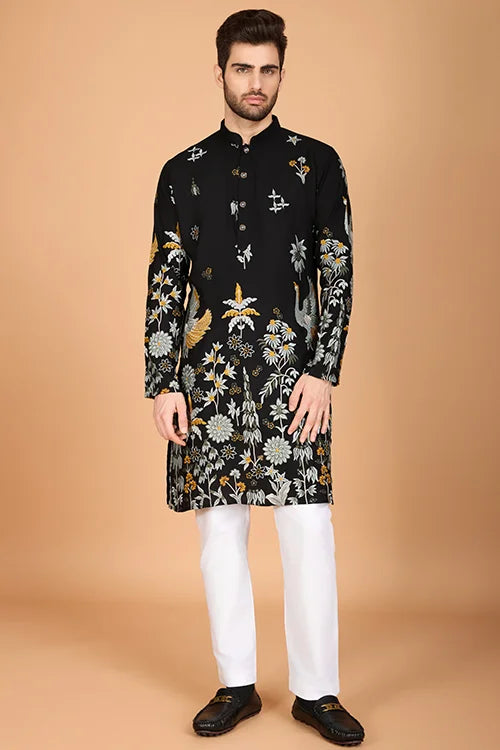 Black Designer Viscose Rayon Men's Kurta Online