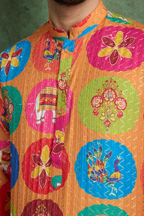 Multi Color Print With Embroidered Kurta And Pajama For Men