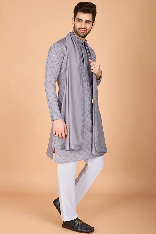 Designer Gray Silk Kurta For Men – Elegant Festive Wear
