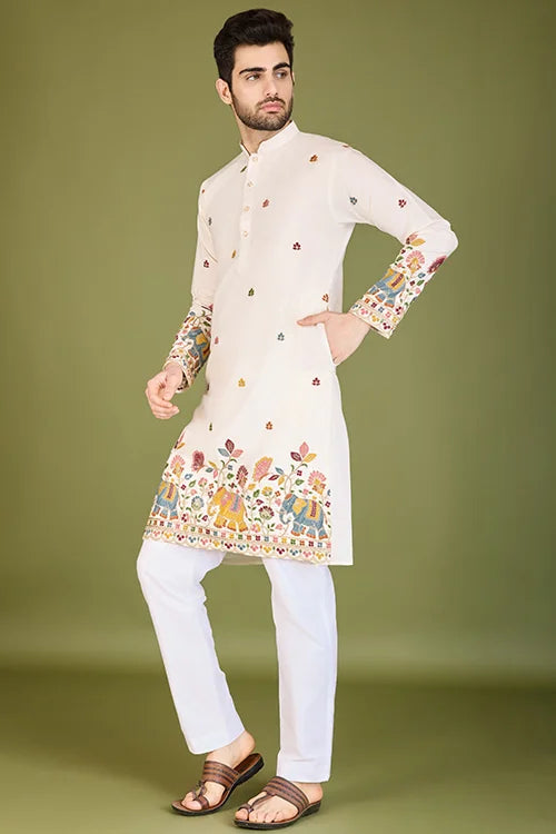 White Cotton Embroidered Sequins And Zari Work Kurta Men's Wear