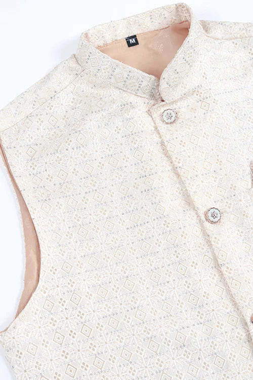 Off White Silk Kurta With Jacquard Koti Jacket