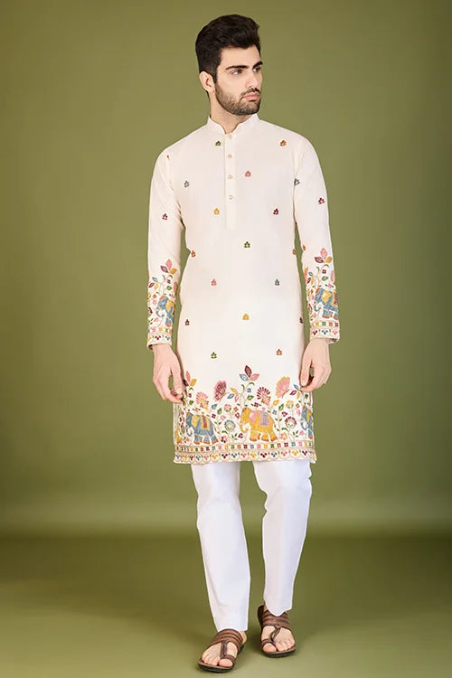 White Cotton Embroidered Sequins And Zari Work Kurta Men's Wear