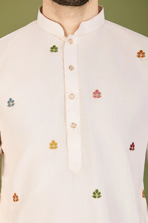 White Cotton Embroidered Sequins And Zari Work Kurta Men's Wear