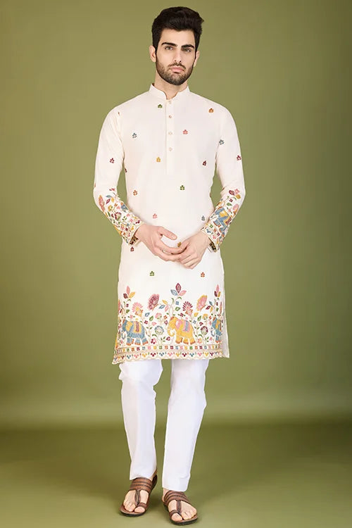 White Cotton Embroidered Sequins And Zari Work Kurta Men's Wear