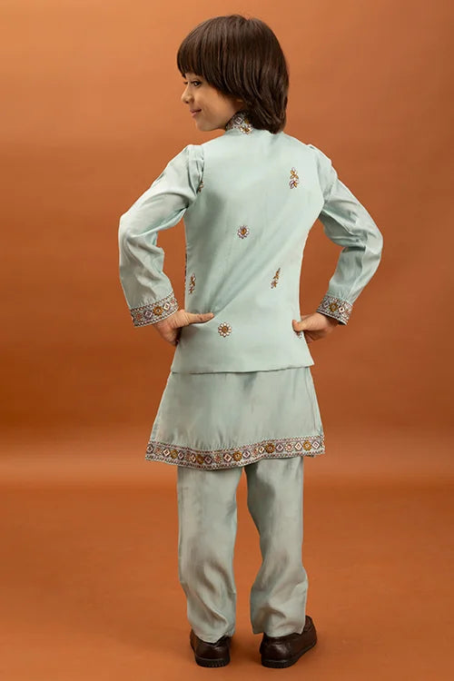 Wedding Sky Blue Koti Kurta Set for Kids 6-12 Yrs