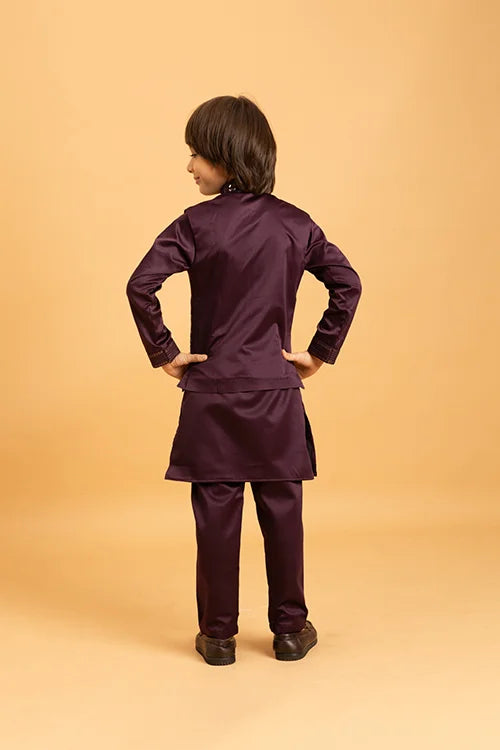 Purple Mirror Work Koti Kurta Set for Boys