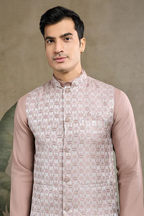 Ivory Roman Silk Kurta With Jacquard Koti Jacket