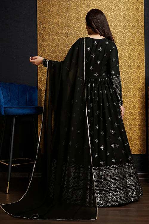 Outstanding Black Color Foil Work Georgette Function Wear Gown With Dupatta