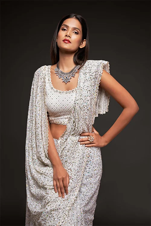 Bollywood Designer Pearl White Georgette Silk Saree Online