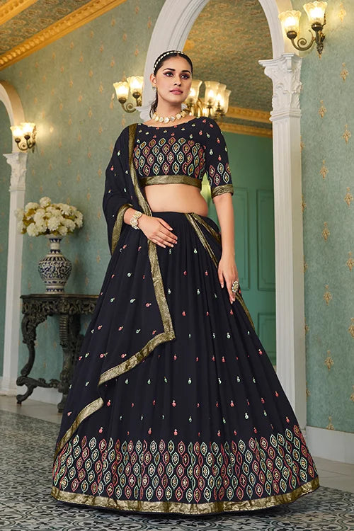 Embroidered Georgette Lehenga In Navy Blue