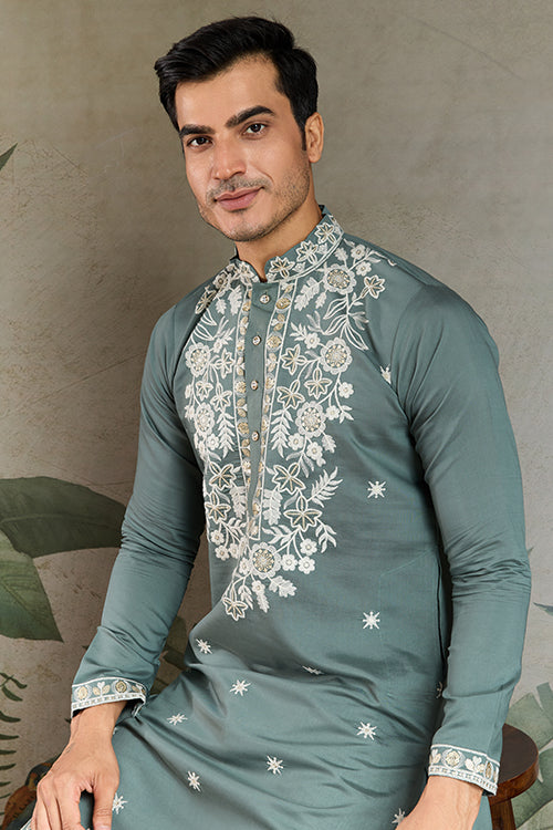 Pastel Pista Viscose Silk Embroidered Kurta For Men