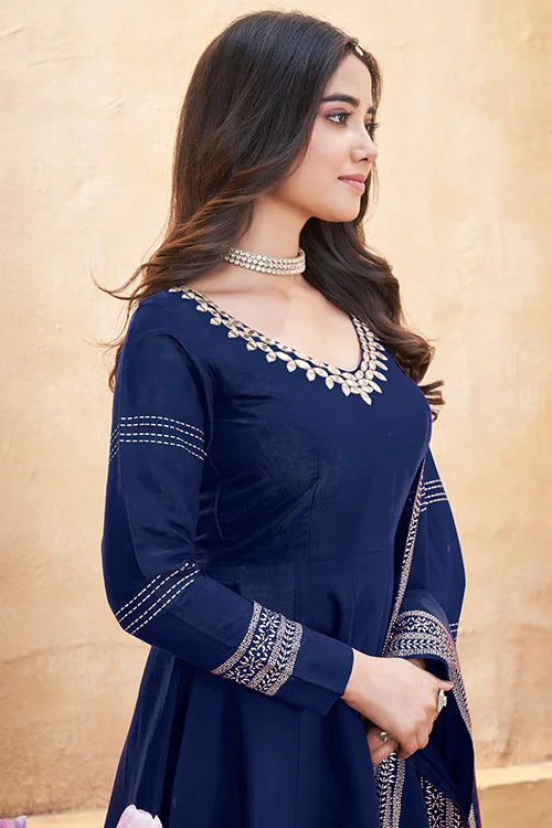 Navy Blue Roman Silk Ready To Wear Mirror Work Festive Suit