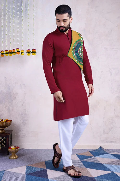 Maroon Color Ready To Wear Traditional Kurta For Mens Wear