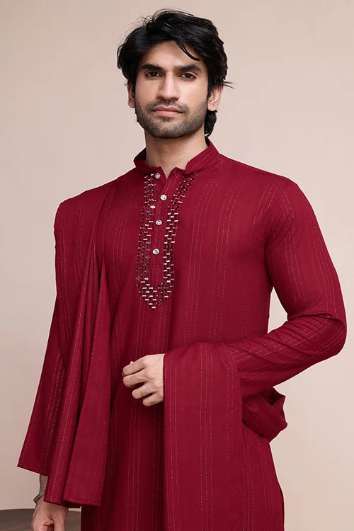 Maroon Color Kurta With Dupatta For Mens Wear