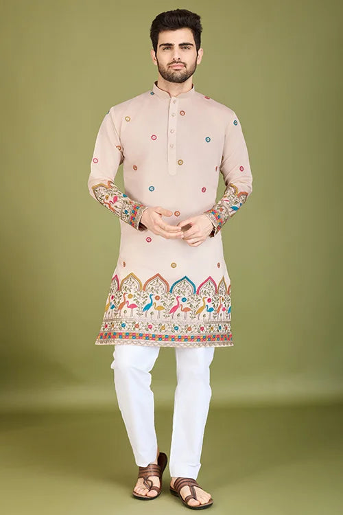 Designer Ivory Viscose Silk Men's Kurta Collection