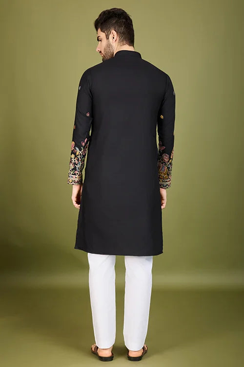 Black Color Cotton Embroidered Kurta For Men