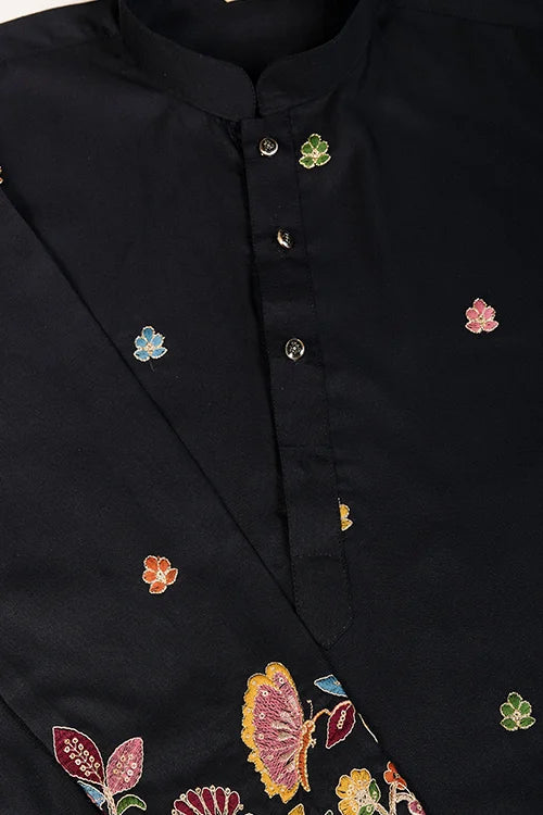 Black Color Cotton Embroidered Kurta For Men