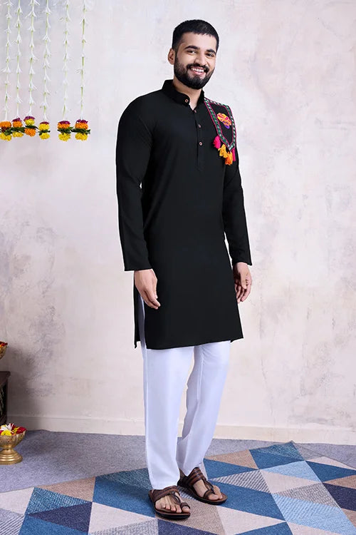 Real Mirror Work Navratri Special Black Color Mens Wear Kurta Collection