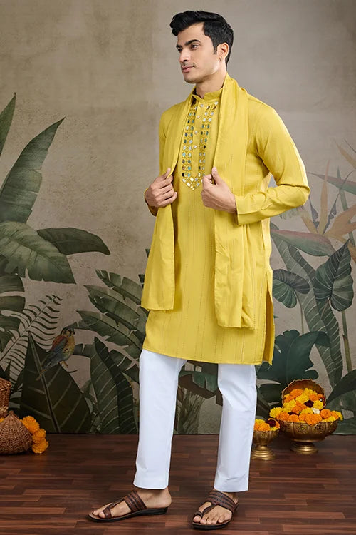 Stylish Look Perfect Haldi Yellow Color Men's Kurta with Dupatta