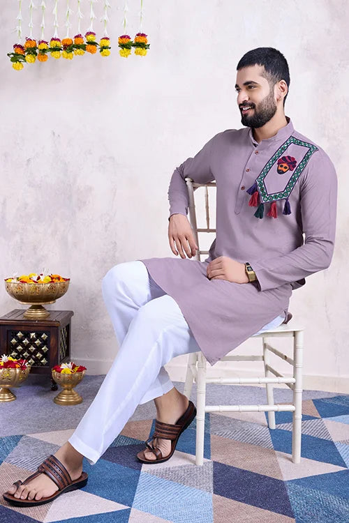 Dusty Purple Color Real Mirror Work Navratri Special Mens Kurta Collection