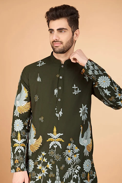 Olive Viscose Rayon Designer Men's Kurta For Festive